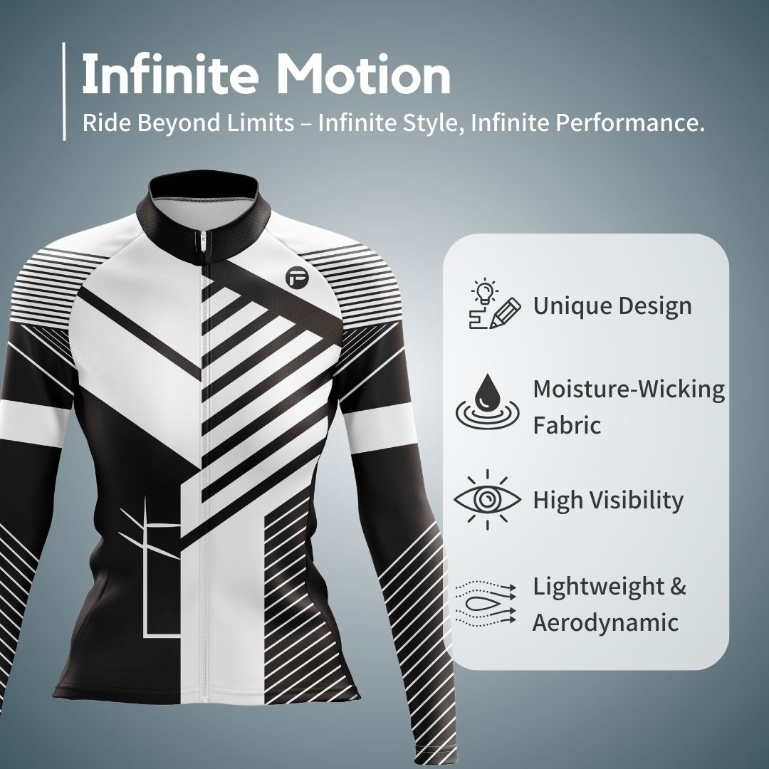 Infinite Motion women's cycling jersey with long sleeves, a tailored fit, and a bold black-and-white design for standout style.