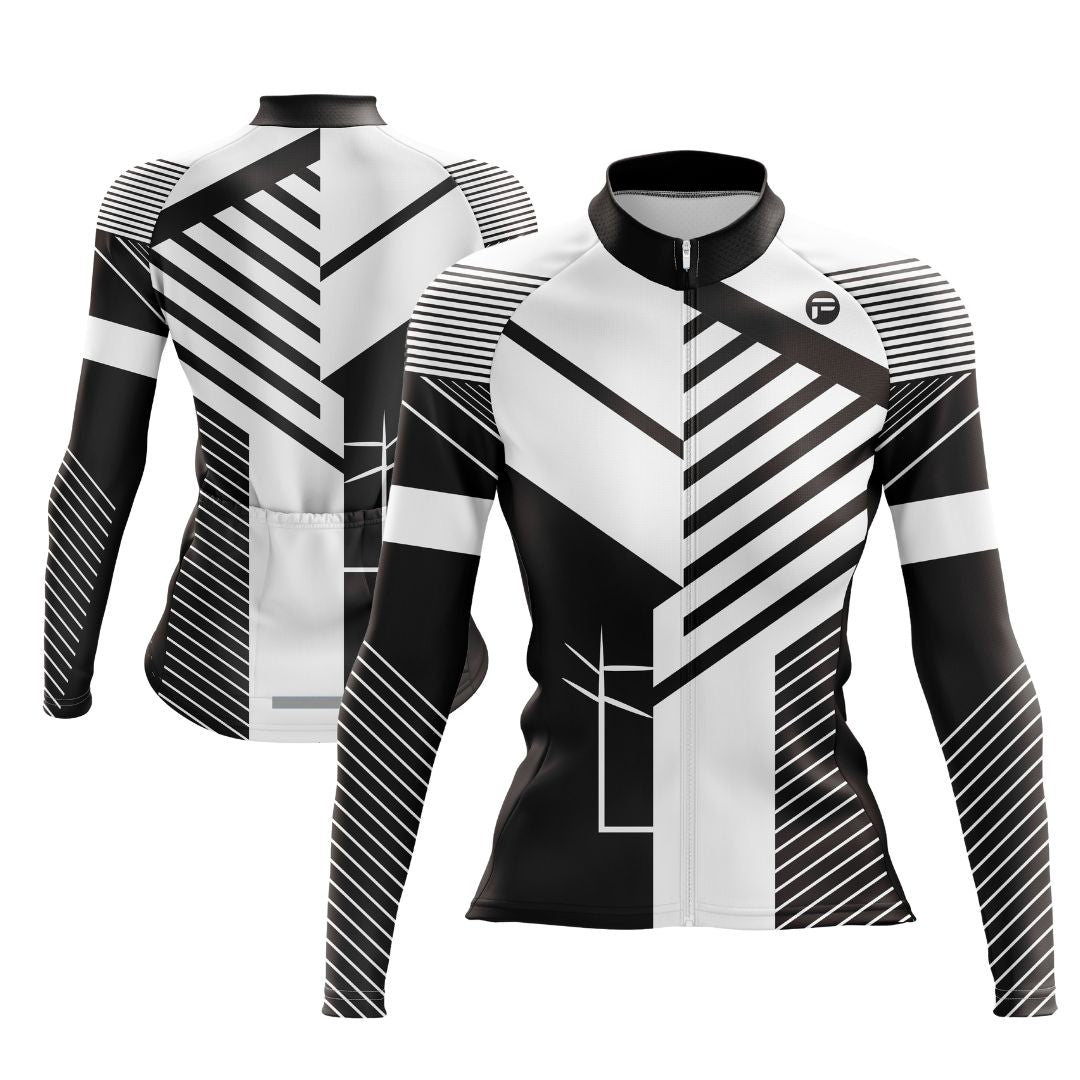 Women's Infinite Motion Long Sleeve Cycling Jersey with a bold black-and-white geometric design, crafted for performance and elegance.