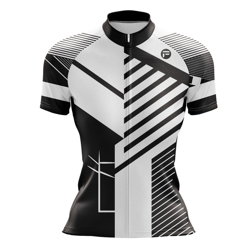 Dynamic and modern women's short sleeve cycling jersey featuring bold black-and-white patterns for a sleek and confident look.