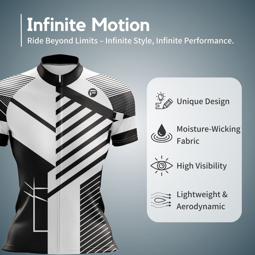 Infinite Motion women's cycling jersey with a lightweight fit and striking black-and-white design, perfect for warm-weather rides.