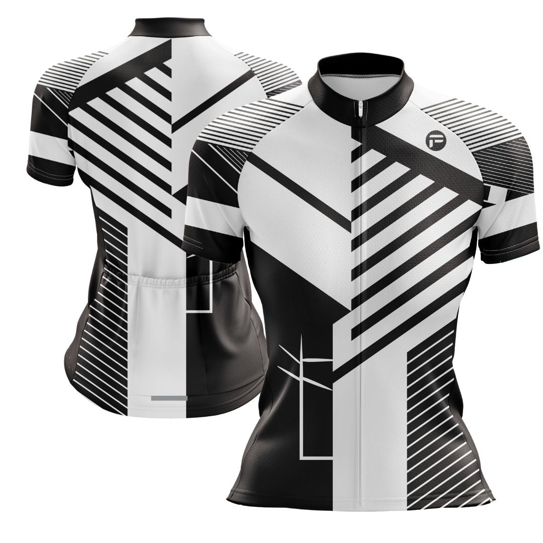 Women's Infinite Motion Short Sleeve Cycling Jersey with a striking black-and-white geometric design, tailored for style and performance.