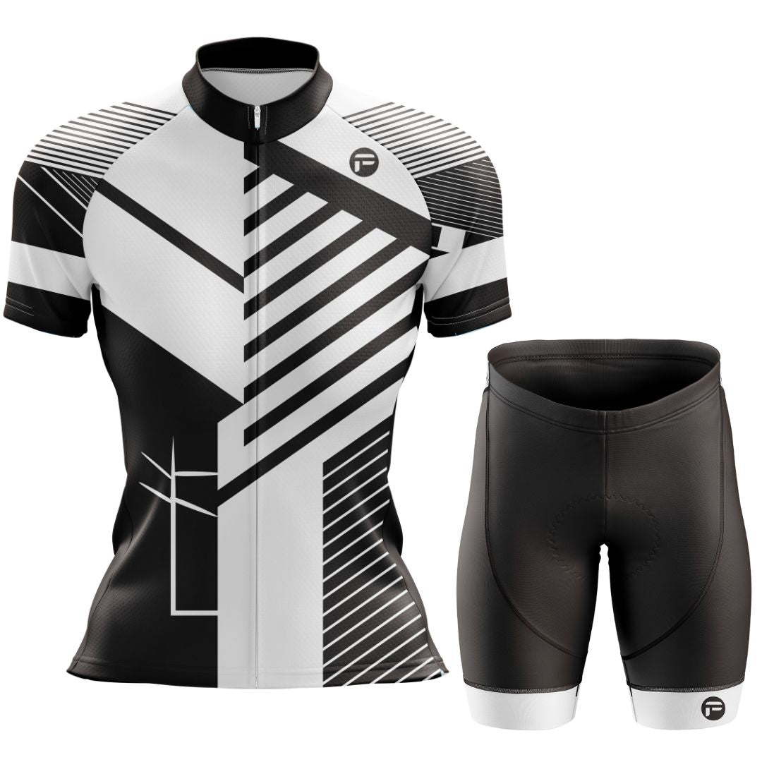 Women's Infinite Motion Short Sleeve Cycling Set with a bold black-and-white geometric jersey and matching bib shorts, designed for style and performance.