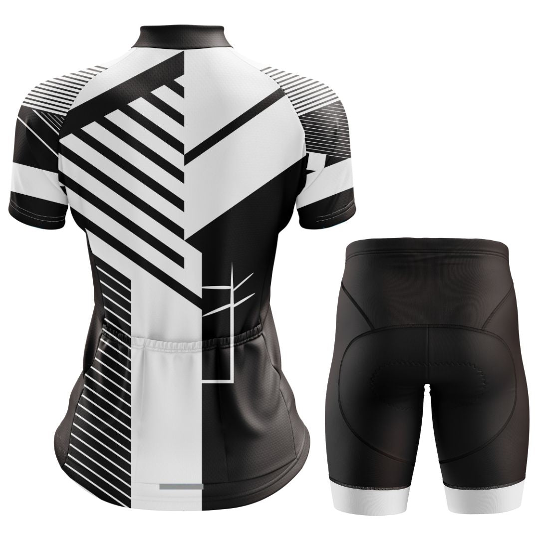 Dynamic and modern women's cycling set featuring a striking black-and-white short sleeve jersey and supportive bib shorts for optimal comfort.