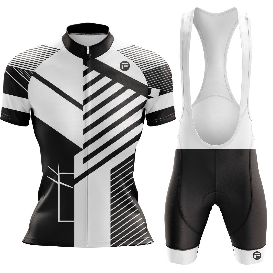 Short sleeve women's cycling set with bold geometric patterns, breathable fabric, and a tailored fit for superior performance.