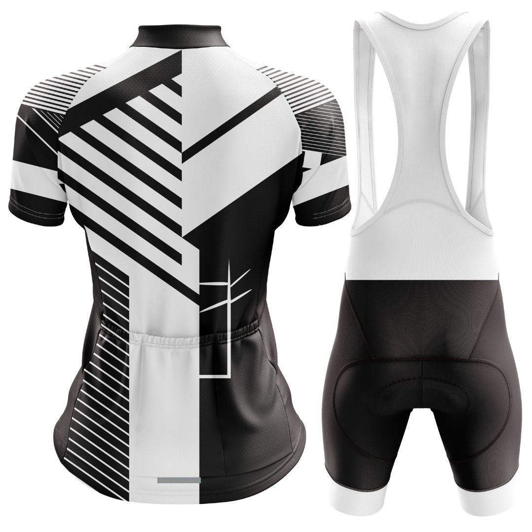 Infinite Motion women's cycling kit with a matching short sleeve jersey and bib shorts, blending sleek design with functionality.