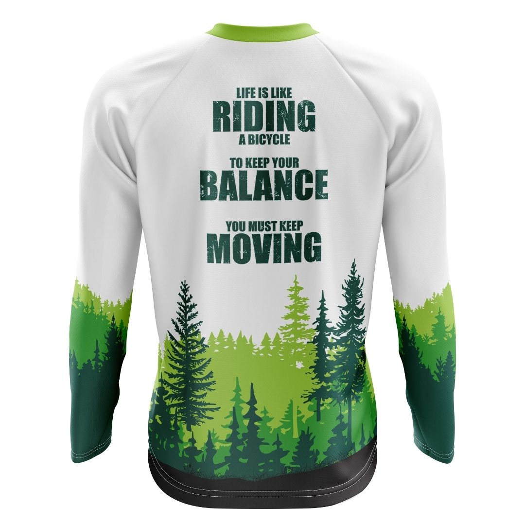 A lone cyclist rides through a sun-dappled forest, finding flow and balance in the rhythm of their movement.