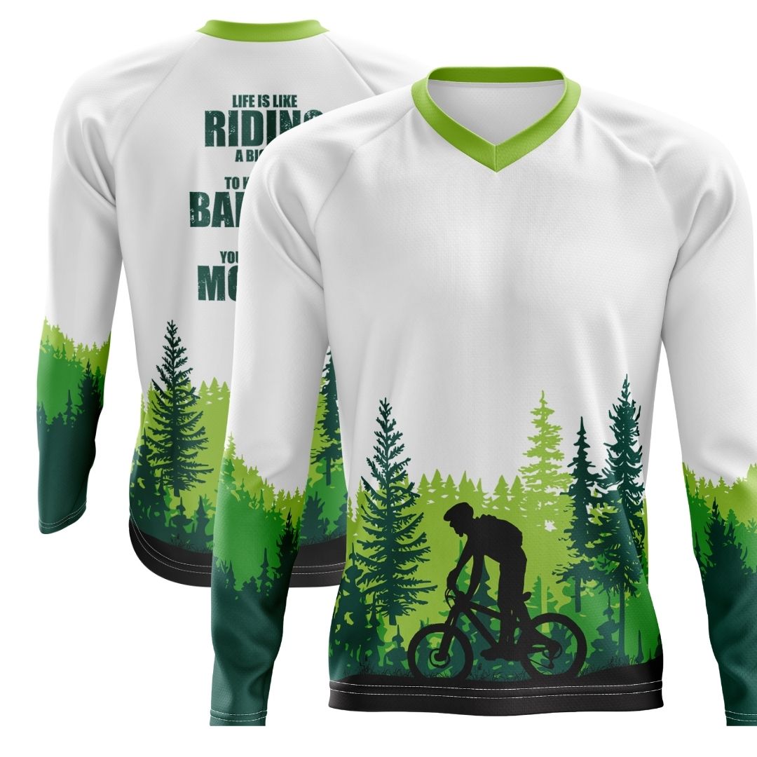 A lone cyclist rides through a sun-dappled forest, finding flow and balance in the rhythm of their movement.