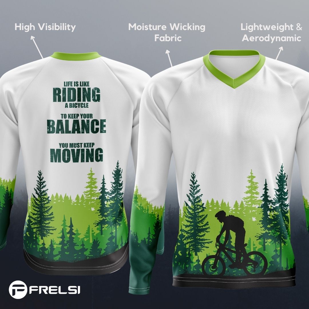 A lone cyclist rides through a sun-dappled forest, finding flow and balance in the rhythm of their movement.