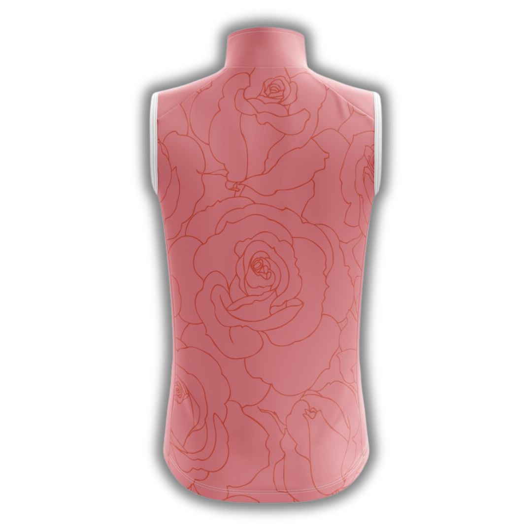 Back of a sleeveless pink cycling jersey with a paint of a lily
