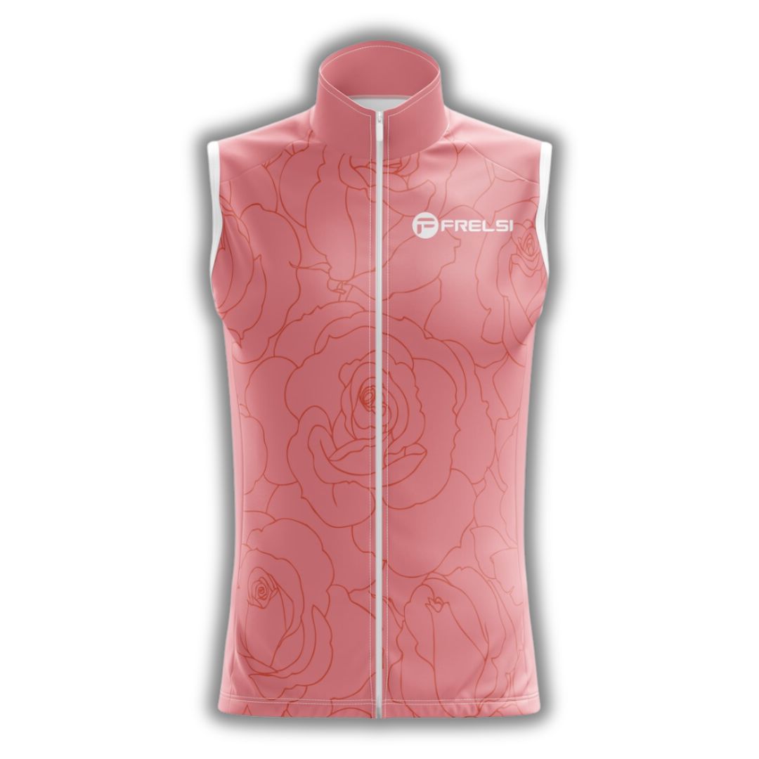 front image of of a sleeveless pink cycling jersey with a paint of a lily