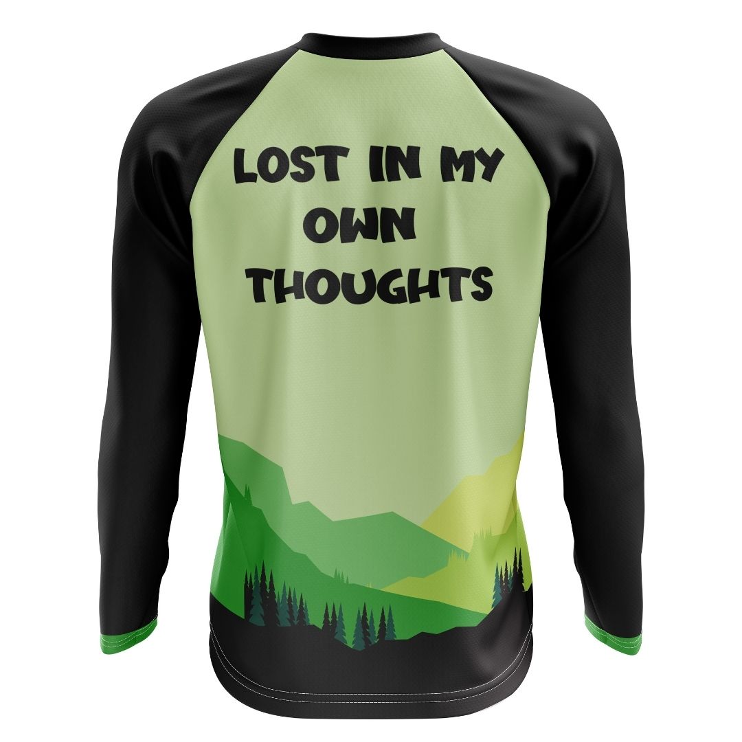 The world blurs, the forest sings, the heart drums its own rhythm. "Lost in My Own Thoughts" jersey: feel alive, pedal onward.