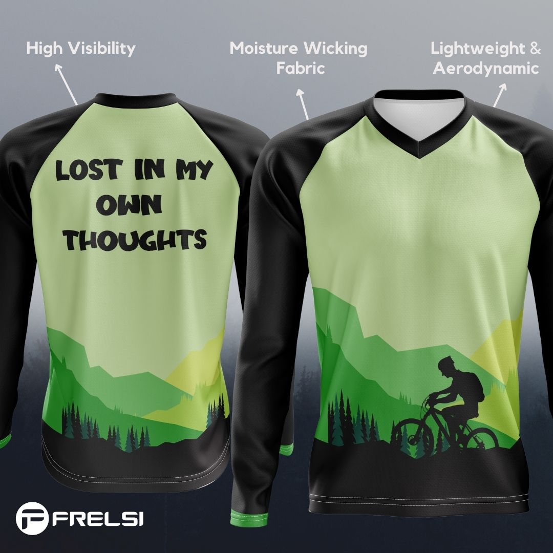 The world blurs, the forest sings, the heart drums its own rhythm. "Lost in My Own Thoughts" jersey: feel alive, pedal onward.