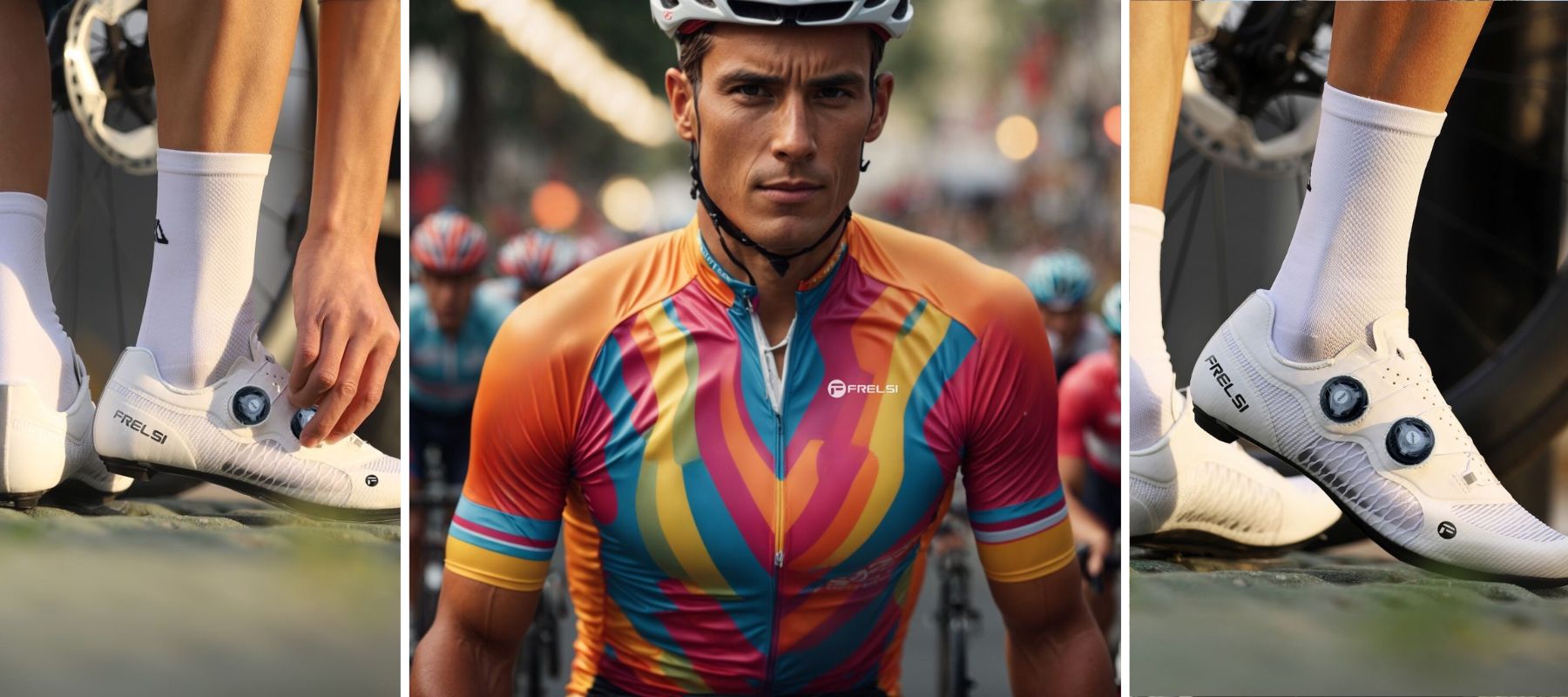 Frelsi men's cycling gear showcasing vibrant jerseys and high-performance white cycling shoes in a competitive setting.