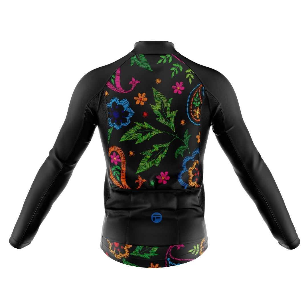 Midnight Bloom | Men's Long Sleeve Cycling Jersey Back image. The front of the jersey features a large design of blue and pink flowers that resemble roses and pansies.
