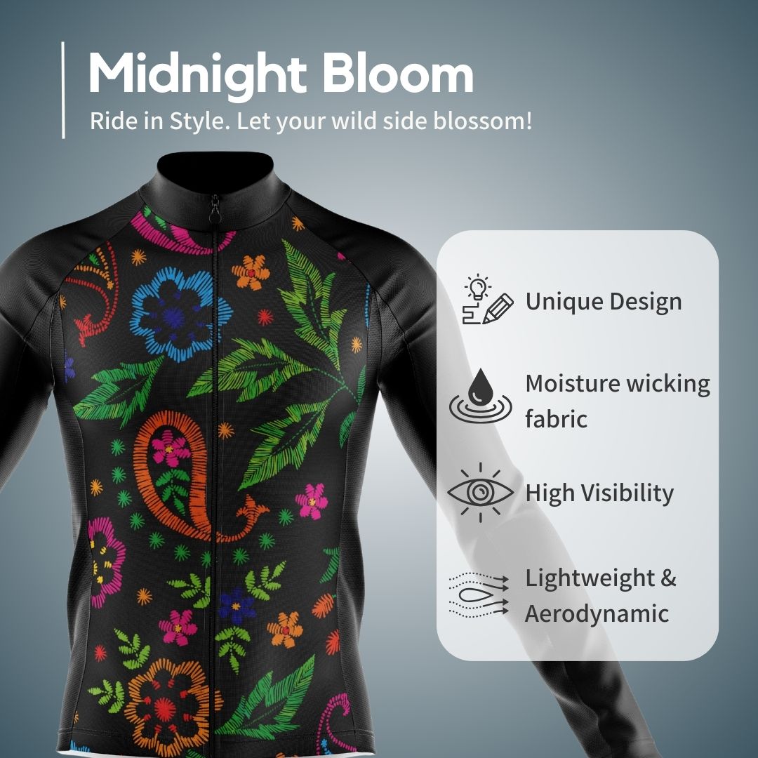 Midnight Bloom | Men's Long Sleeve Cycling Jersey features such as unique design, moisture wicking fabric, high visibility, lightweight and aerodynamic. The front of the jersey features a large design of blue and pink flowers that resemble roses and pansies.