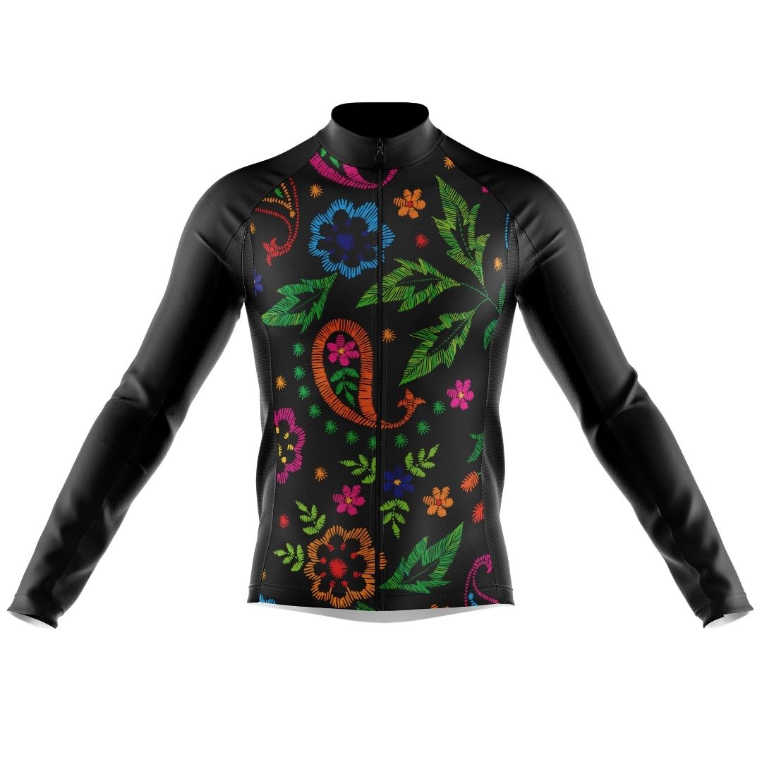 Midnight Bloom | Men's Long Sleeve Cycling Jersey. The front of the jersey features a large design of blue and pink flowers that resemble roses and pansies.