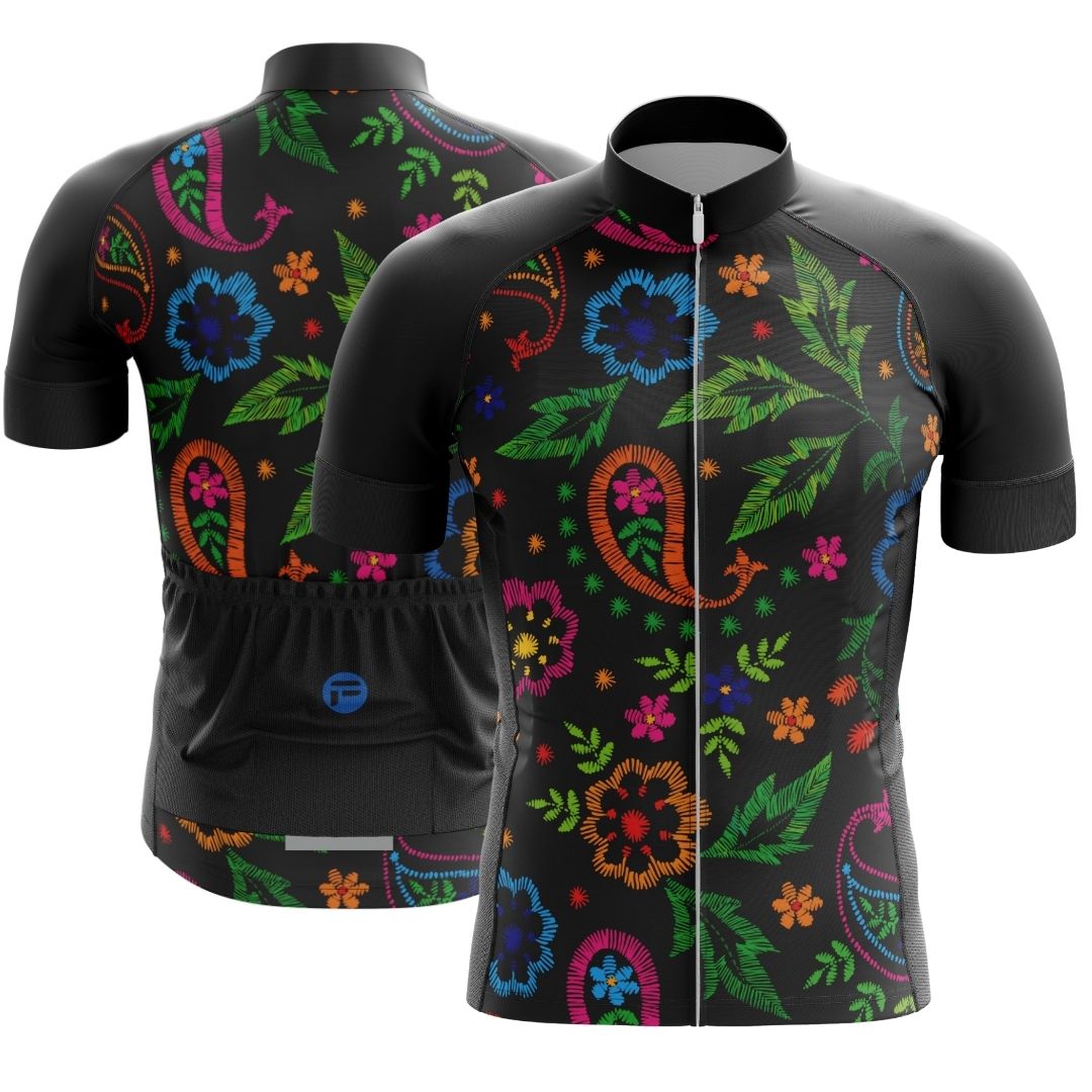 Midnight Bloom | Men's Short Sleeve Cycling Jersey. The front of the jersey features a large design of blue and pink flowers that resemble roses and pansies.