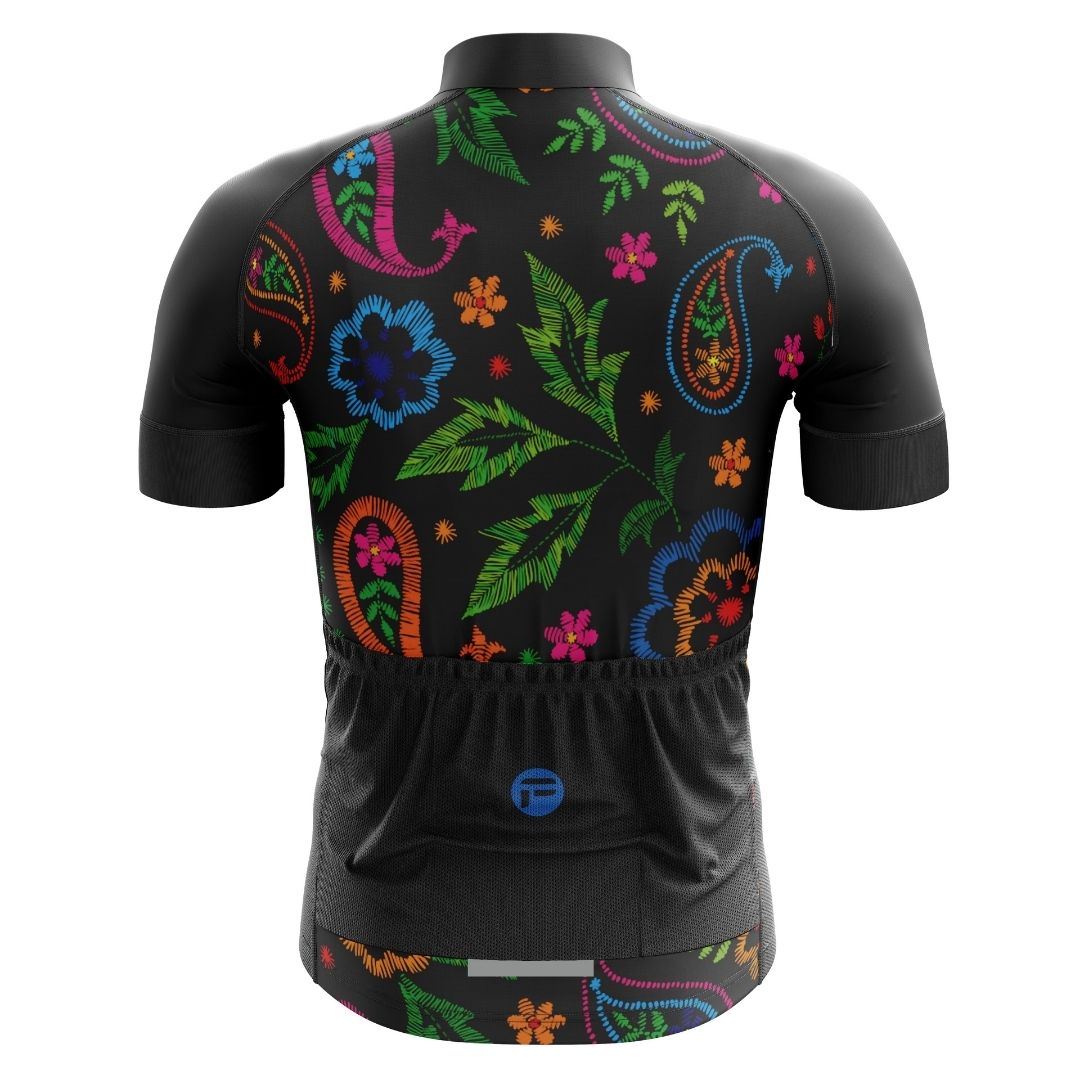 Midnight Bloom | Men's Short Sleeve Cycling Jersey back image. The front of the jersey features a large design of blue and pink flowers that resemble roses and pansies.