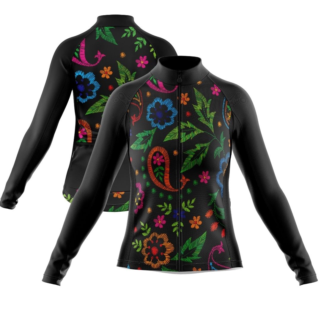 Midnight Bloom | Women's long Sleeve Cycling Jersey. The front of the jersey features a large design of blue and pink flowers that resemble roses and pansies.