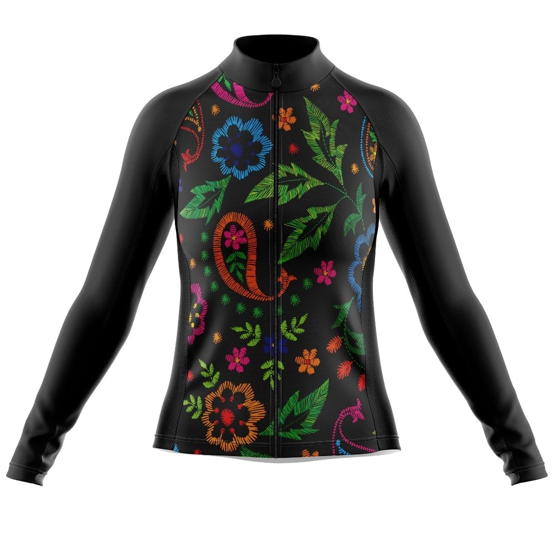 Midnight Bloom | Women's long Sleeve Cycling Jersey front image with full zip. The front of the jersey features a large design of blue and pink flowers that resemble roses and pansies.