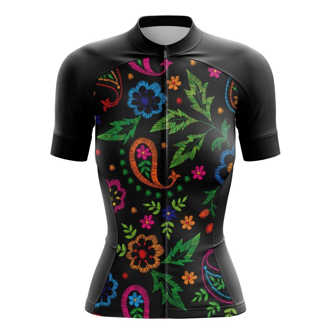 Midnight Bloom | Women's Short Sleeve Cycling Jersey front image with full zip. The front of the jersey features a large design of blue and pink flowers that resemble roses and pansies.