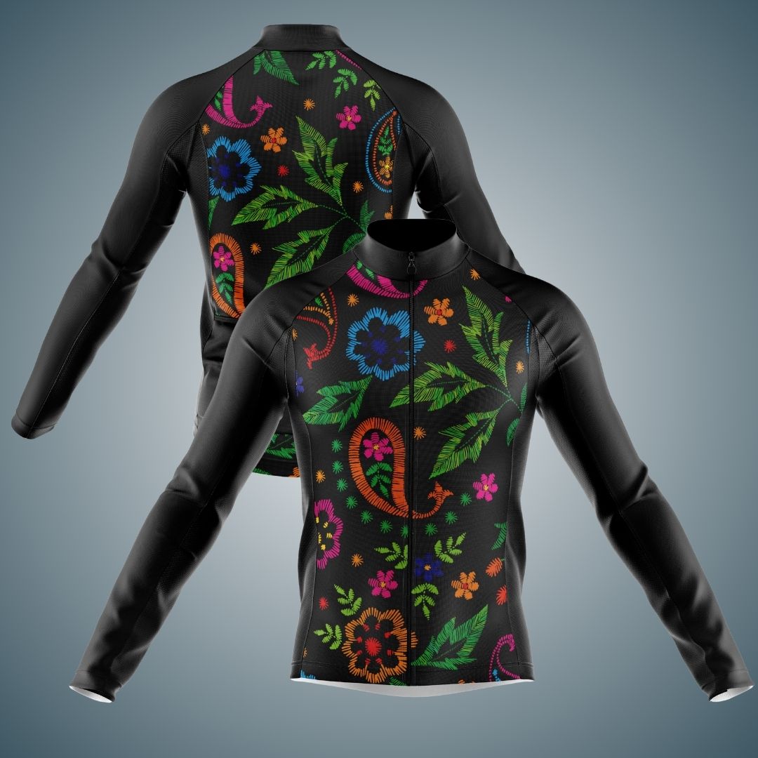 Men's long sleeve cycling jersey in black with a vibrant floral design featuring colorful flowers and leaves. This jersey includes a full zipper front and offers a sleek fit, perfect for cooler weather rides.