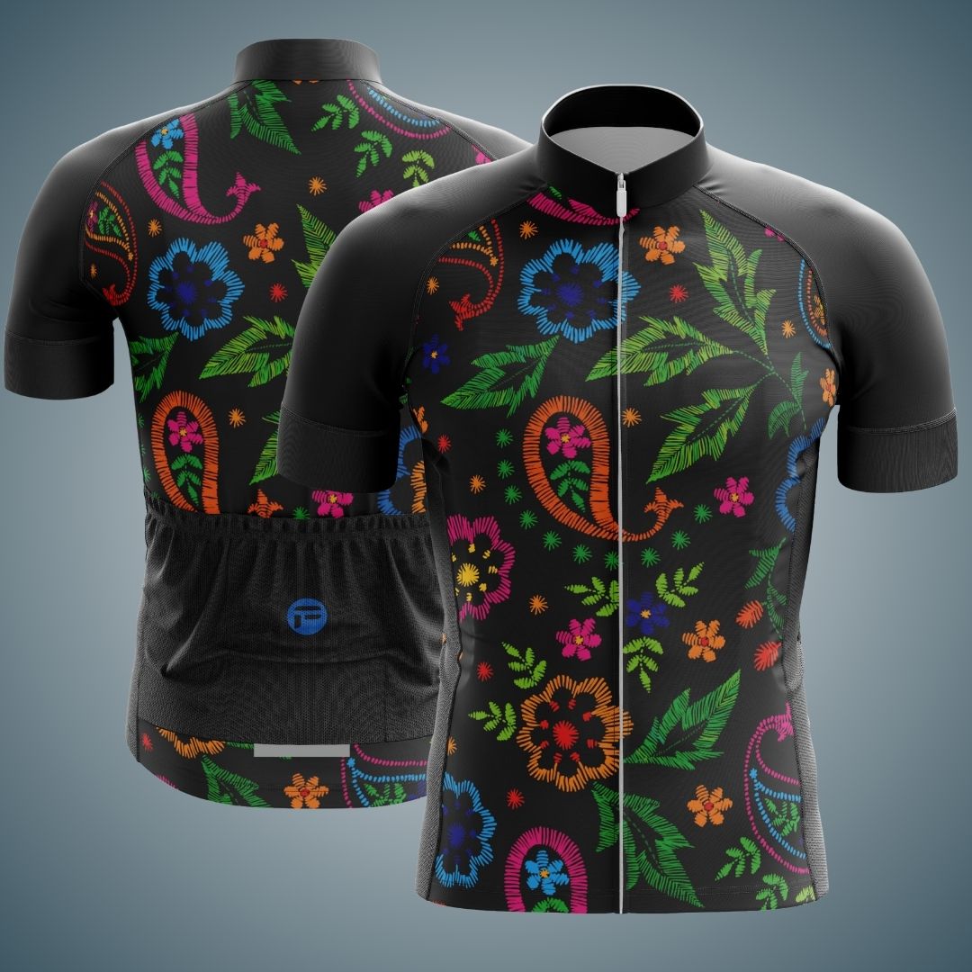 Men's short sleeve cycling jersey in black with a colorful floral design featuring vibrant flowers and leaves. Includes a full zipper front and back pockets, ideal for warm-weather rides.