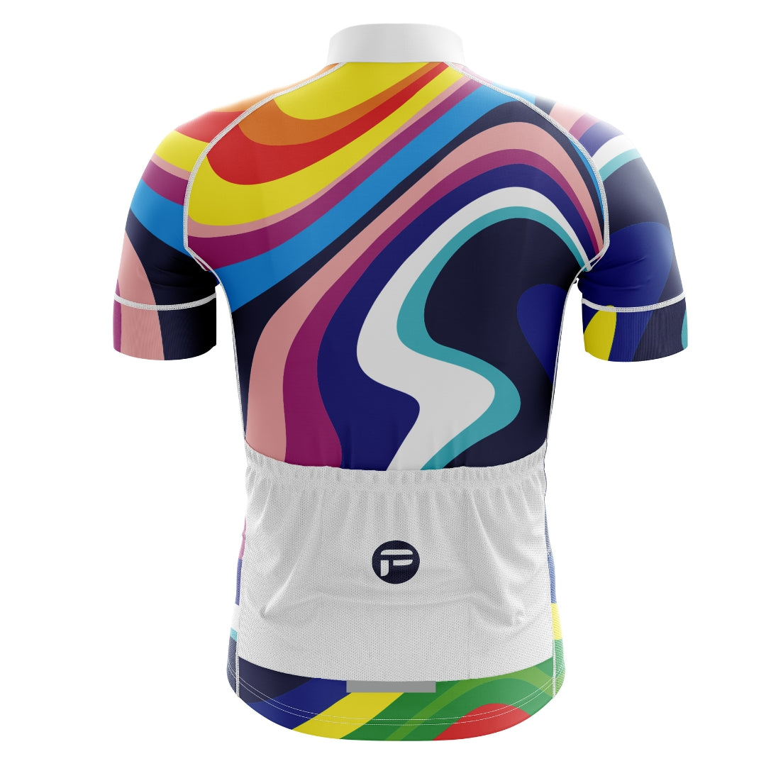 Colorful cycling jersey with a spectrum of hues, called 'My Rainbow Sprint'