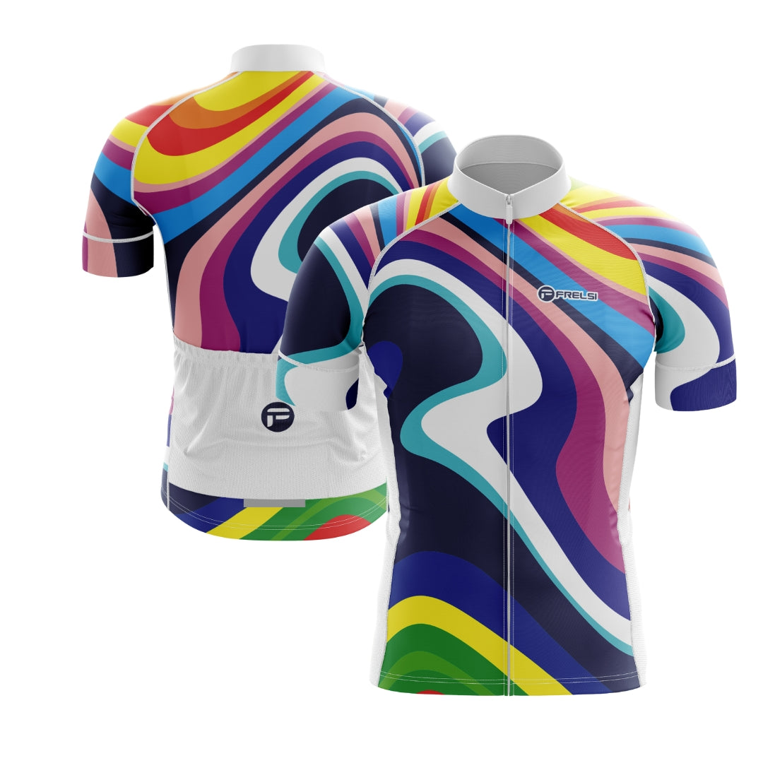 Colorful cycling jersey with a spectrum of hues, called 'My Rainbow Sprint'