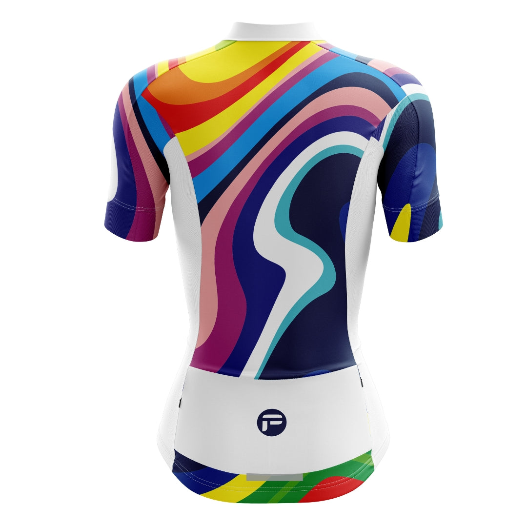 Colorful Women cycling jersey with a spectrum of hues, called 'Rainbow Sprinter'