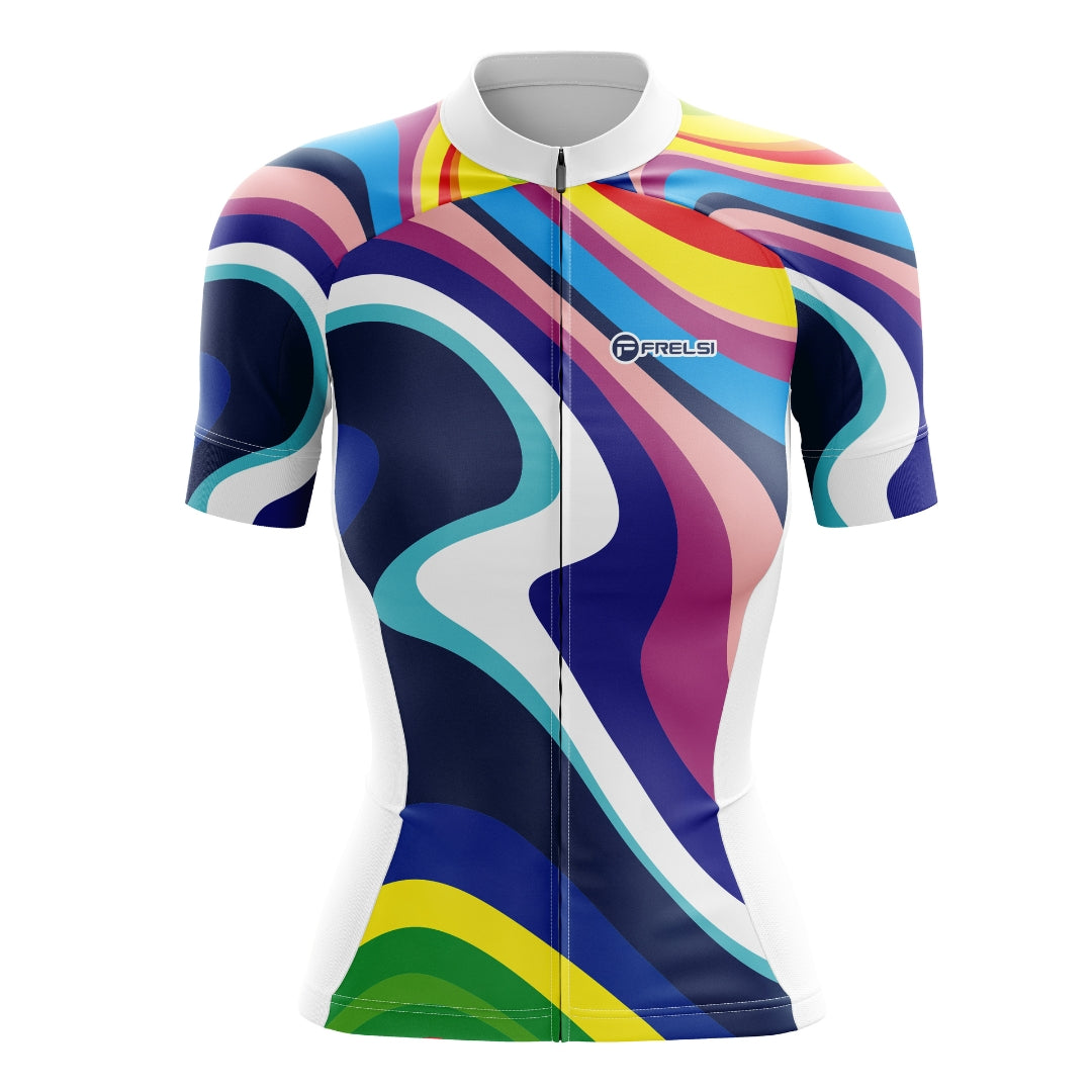 Colorful Women cycling jersey with a spectrum of hues, called 'Rainbow Sprinter'