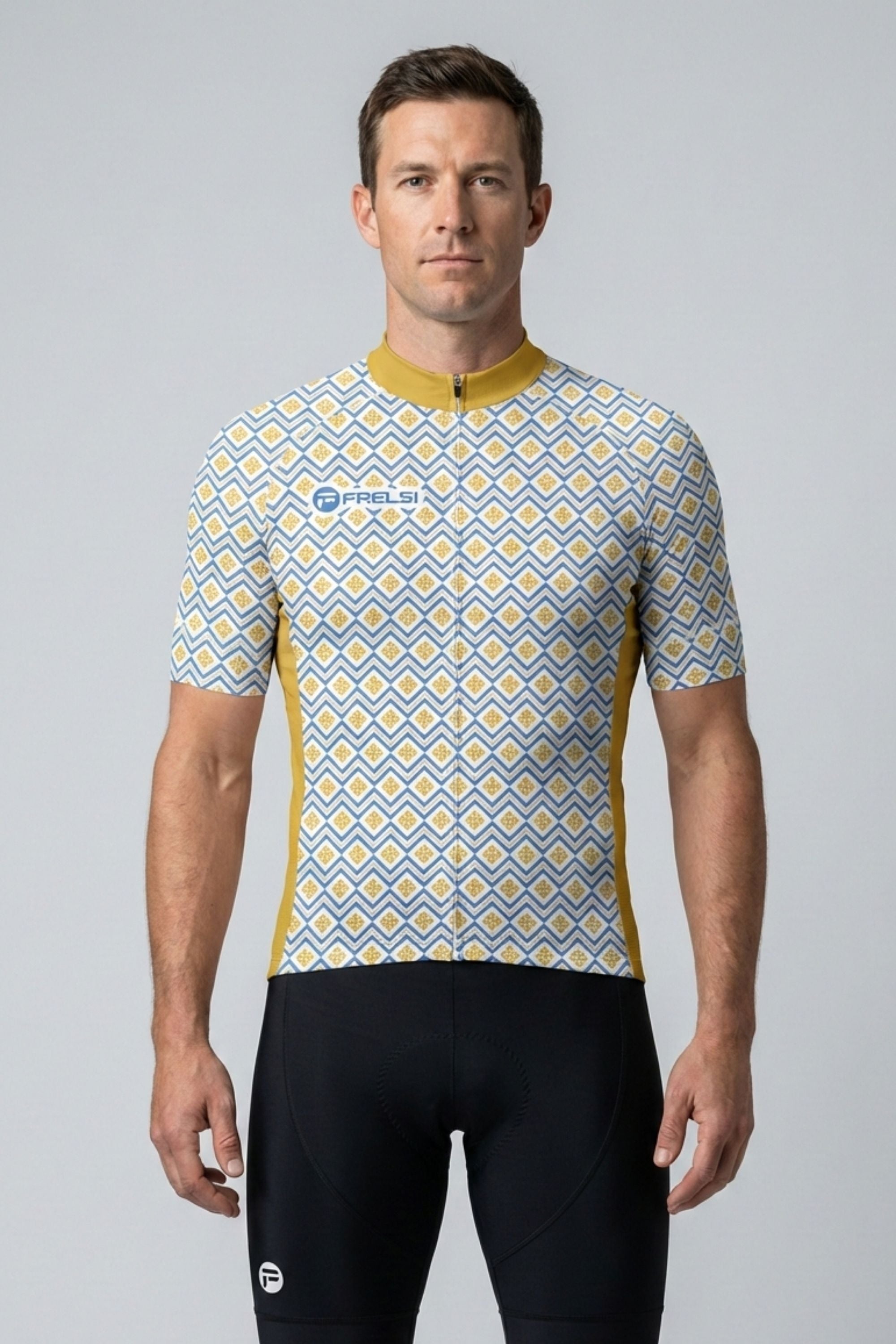 Man wearing a patterned cycling jersey on a gray background