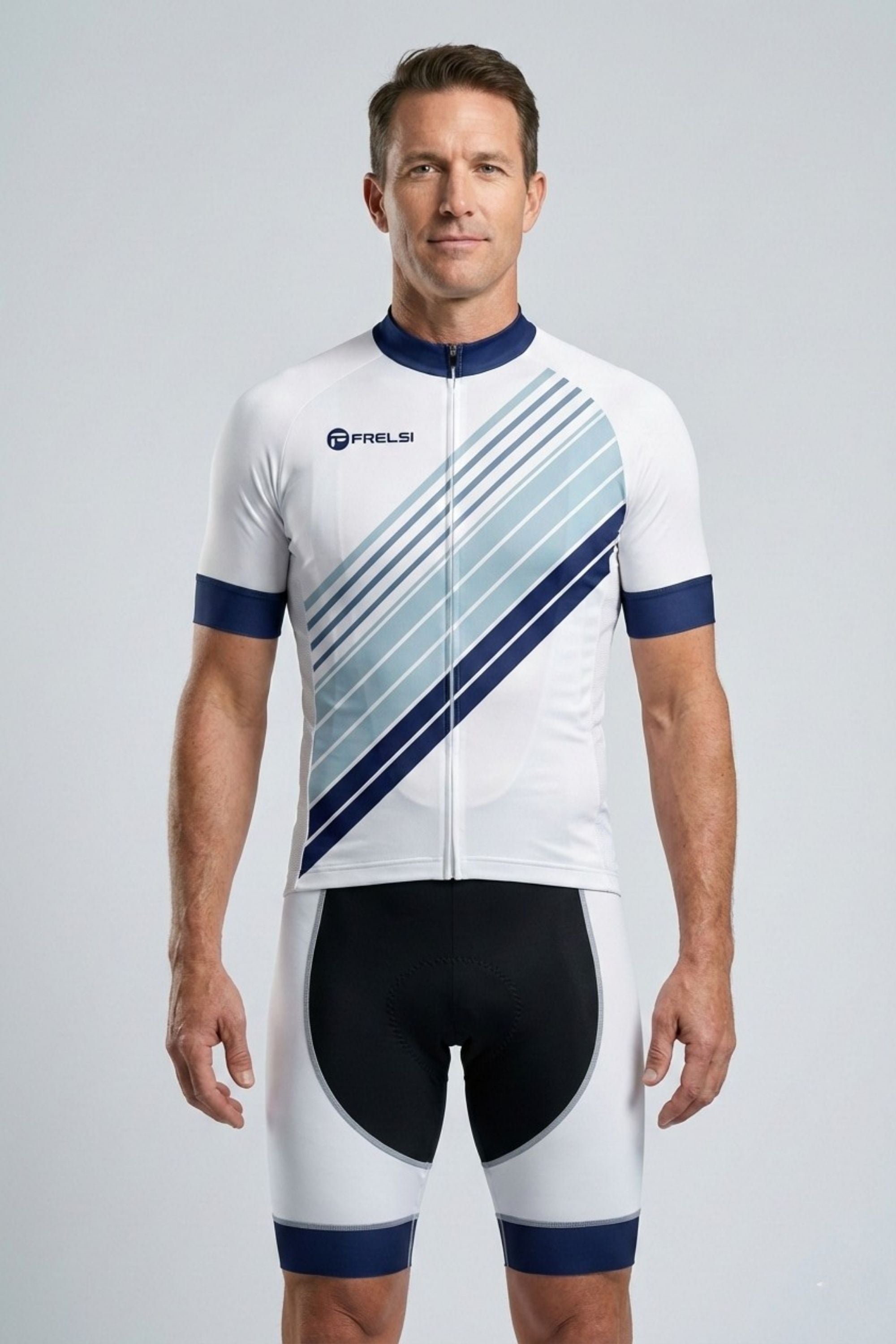 Man wearing a white cycling suit with blue accents on a gray background