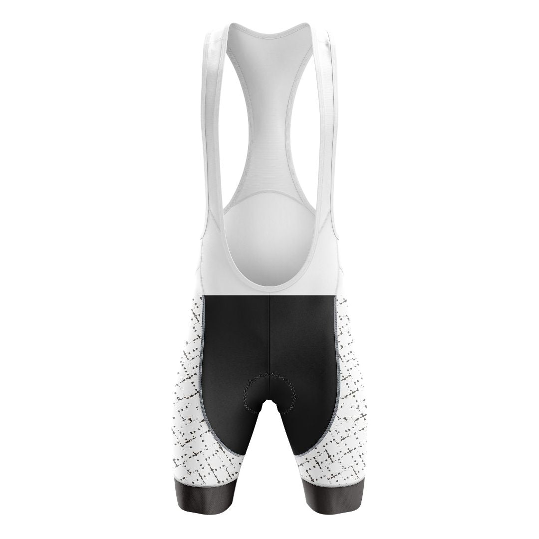 High-tech men's cycling bib shorts with a dynamic stripe pattern, designed for maximum comfort and standout performance.