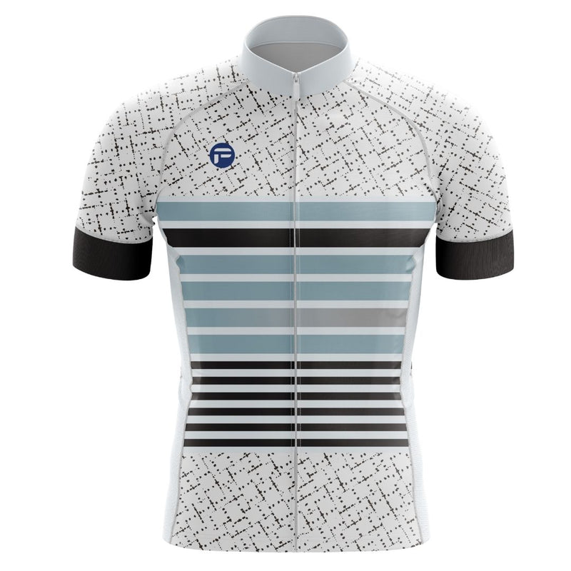 High-performance men's cycling jersey featuring a futuristic black-and-white linear pattern and breathable, moisture-wicking fabric