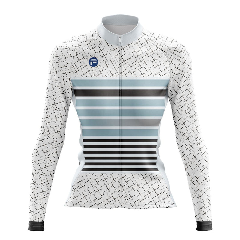 Frelsi Neo Stripes women's long sleeve cycling jersey featuring a stylish black-and-white striped pattern for a bold, aerodynamic look.