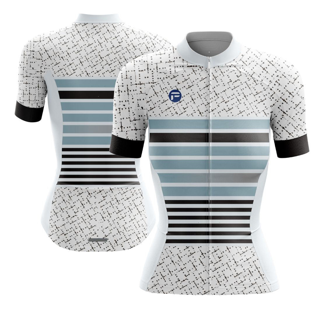 Women's short sleeve cycling Jersey with a sleek black-and-white striped jersey and matching bib shorts for ultimate comfort and speed.