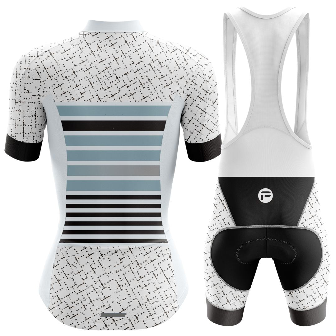 Lightweight and aerodynamic women's short sleeve cycling set with moisture-wicking fabric and a futuristic stripe pattern.