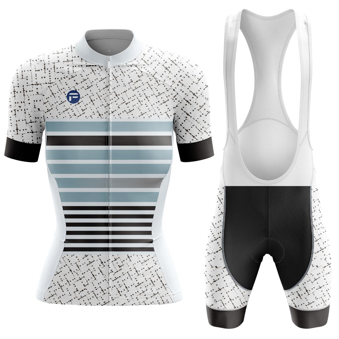 Frelsi Neo Stripes women's cycling kit featuring a stylish black-and-white striped jersey and matching bib shorts for comfort and speed.