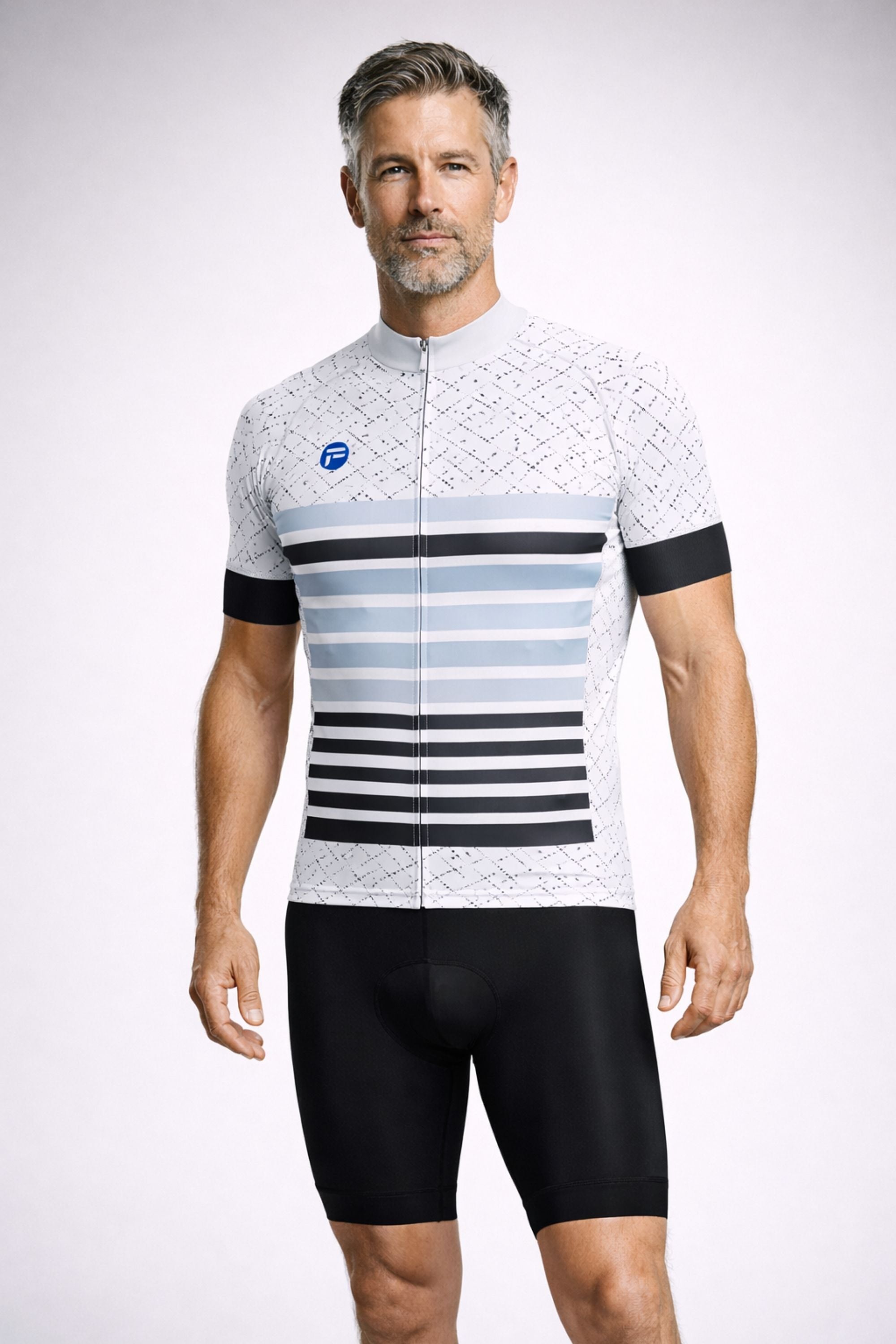 Man wearing a cycling jersey and shorts on a white background - Neo Stripes | Men's Short Sleeve Cycling Jersey by Cycling Frelsi
