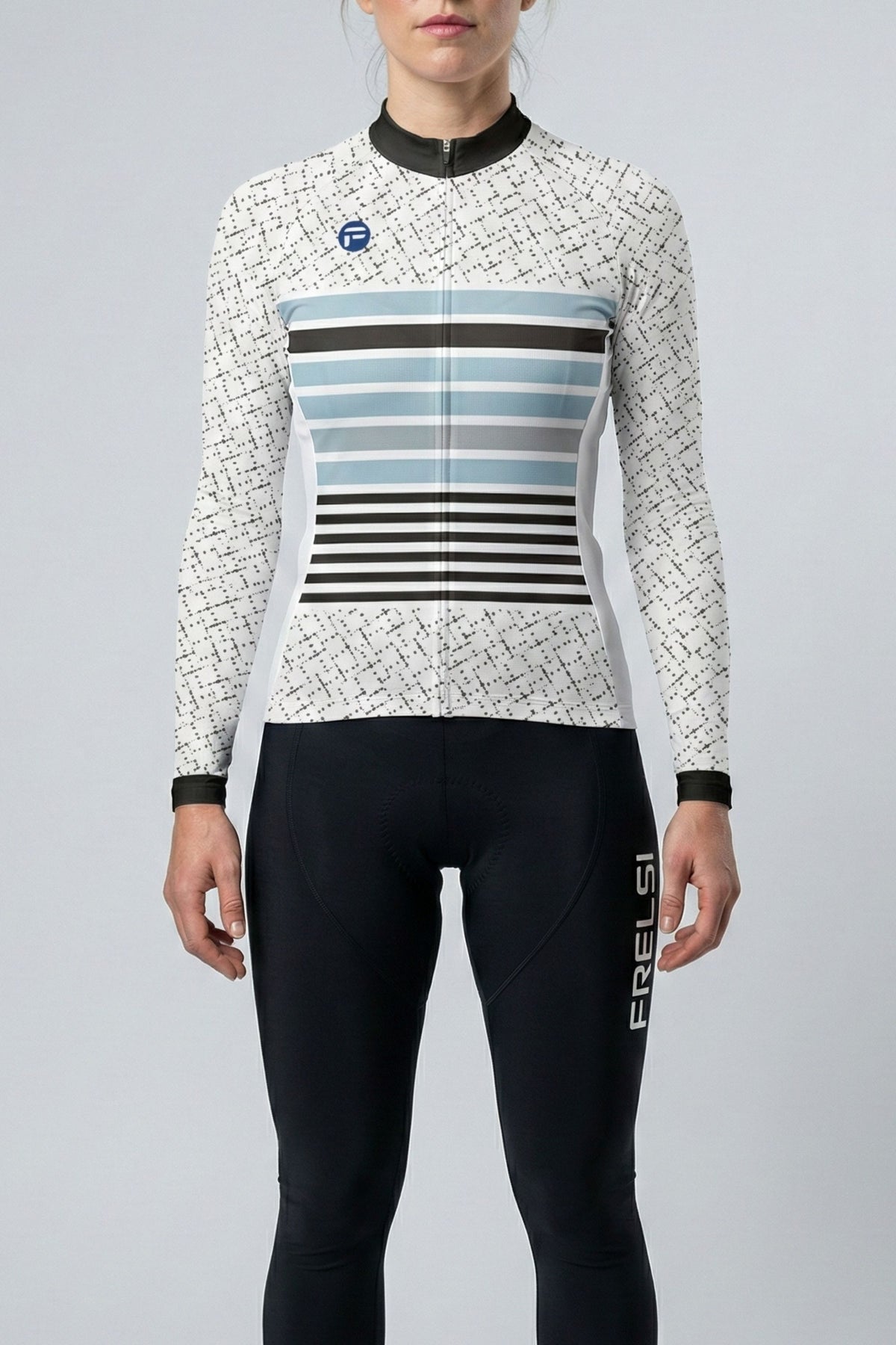 Person wearing a white cycling  outfit with blue stripes on a plain background by Cycling Frelsi 
