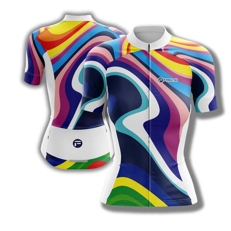 Colorful Women cycling jersey with a spectrum of hues, called 'Rainbow Sprinter'