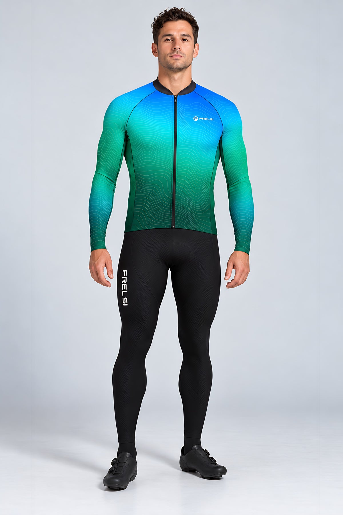 Man wearing the Ocean Pulse long sleeve cycling jersey and black bib tights - front view