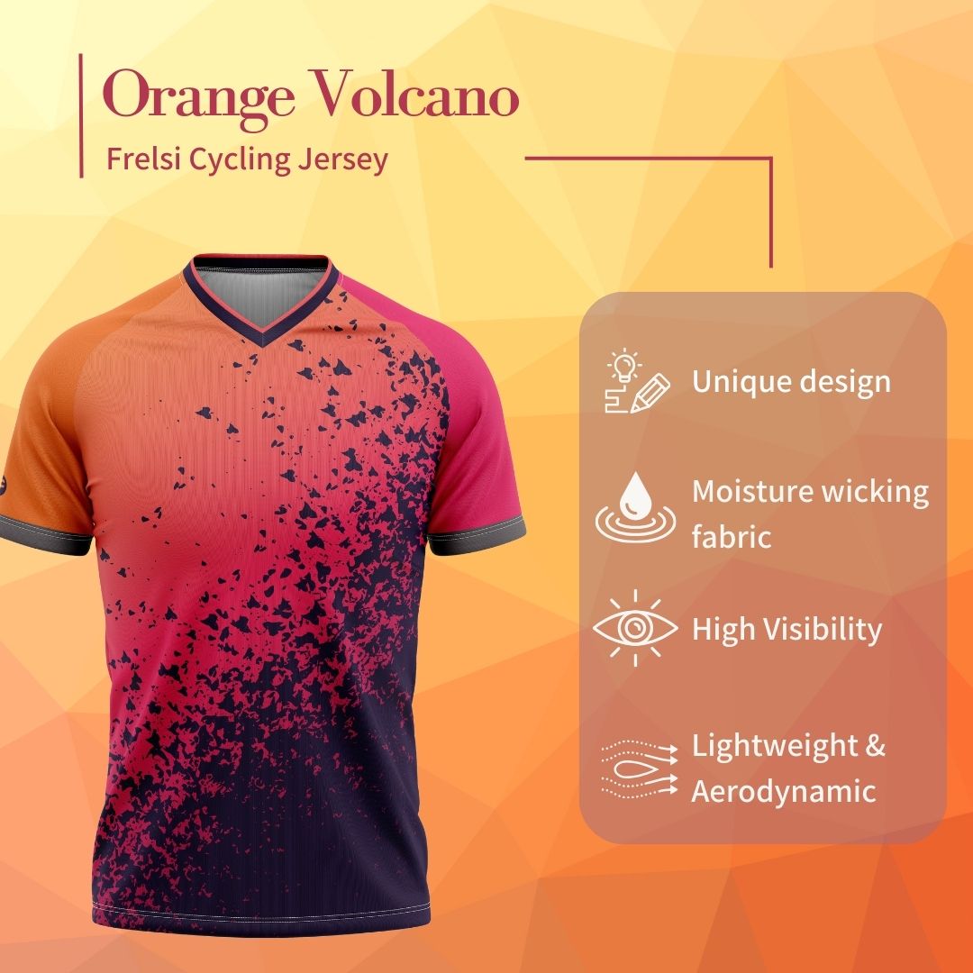 Experience the comfort and performance of the Orange Volcano, a short-sleeve MTB jersey by Cycling Frelsi.