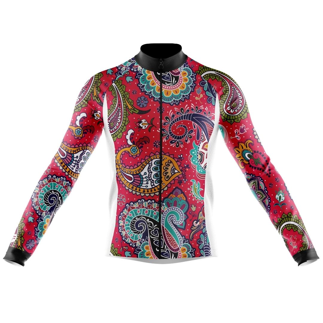 Paisley Passion men's long-sleeve cycling jersey, back view. Featuring three rear pockets for storage and reflective elements for visibility.