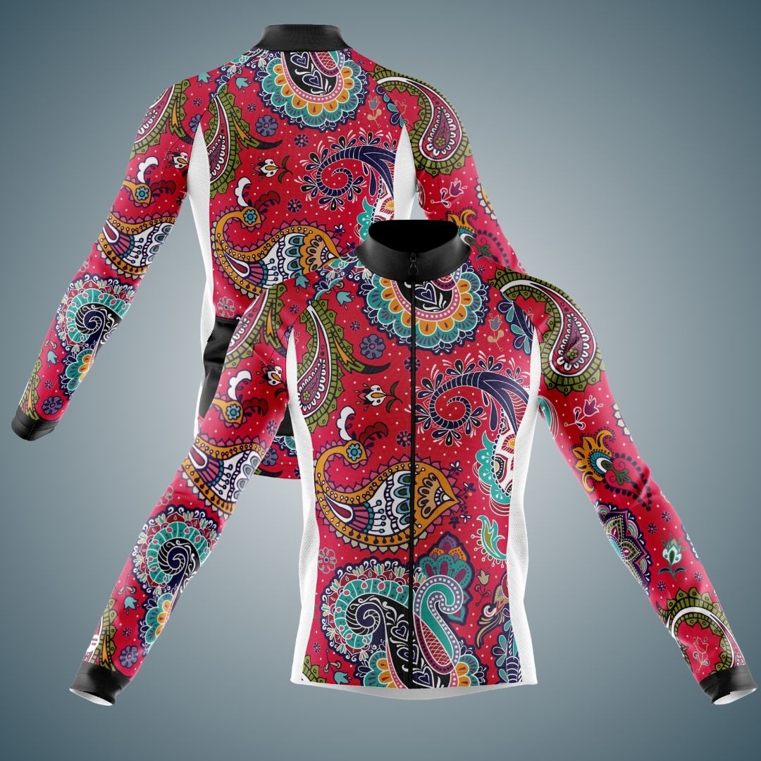 Paisley Passion men's long-sleeve cycling jersey, front view. Showcasing the vibrant paisley pattern and comfortable fit.