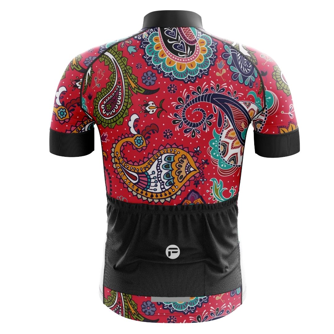 Men's cycling jersey featuring a vibrant paisley design and reflective accents.