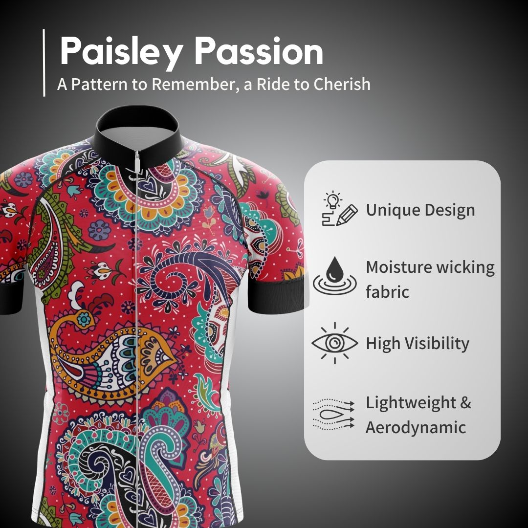 key features of Breathable and comfortable men's cycling jersey with a paisley pattern.