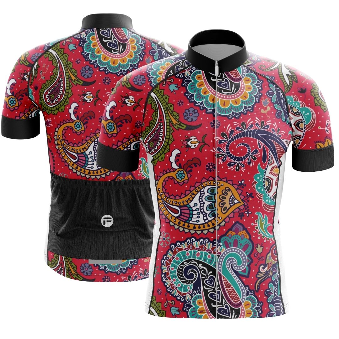 Colorful paisley pattern on a men's cycling jersey.