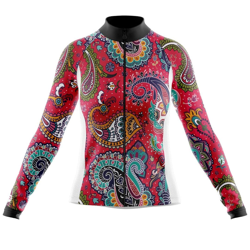 Paisley Passion women's long-sleeve cycling jersey, front view.